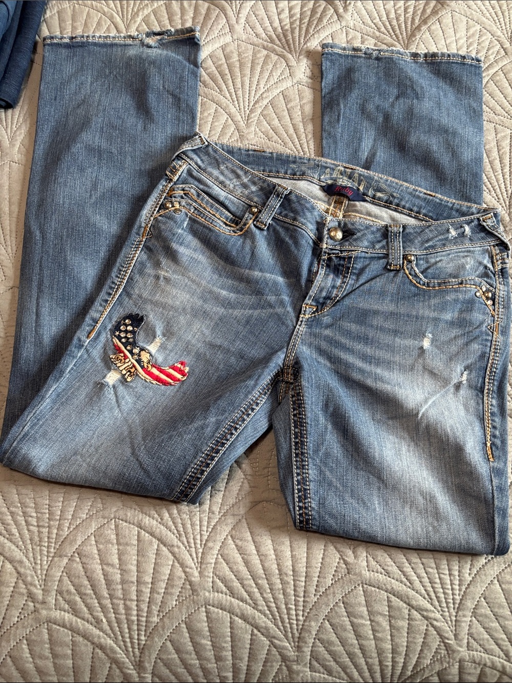 Ariat Light Blue Straight Leg Jeans with Embroidered Eagle